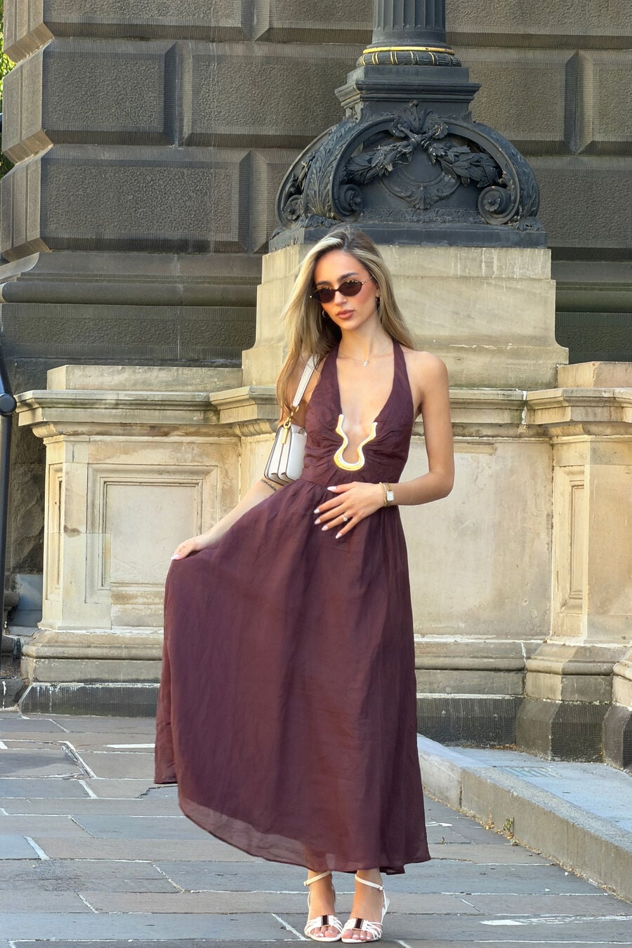 CAVARLY RAMIE HALTER DRESS in colour Chocolate