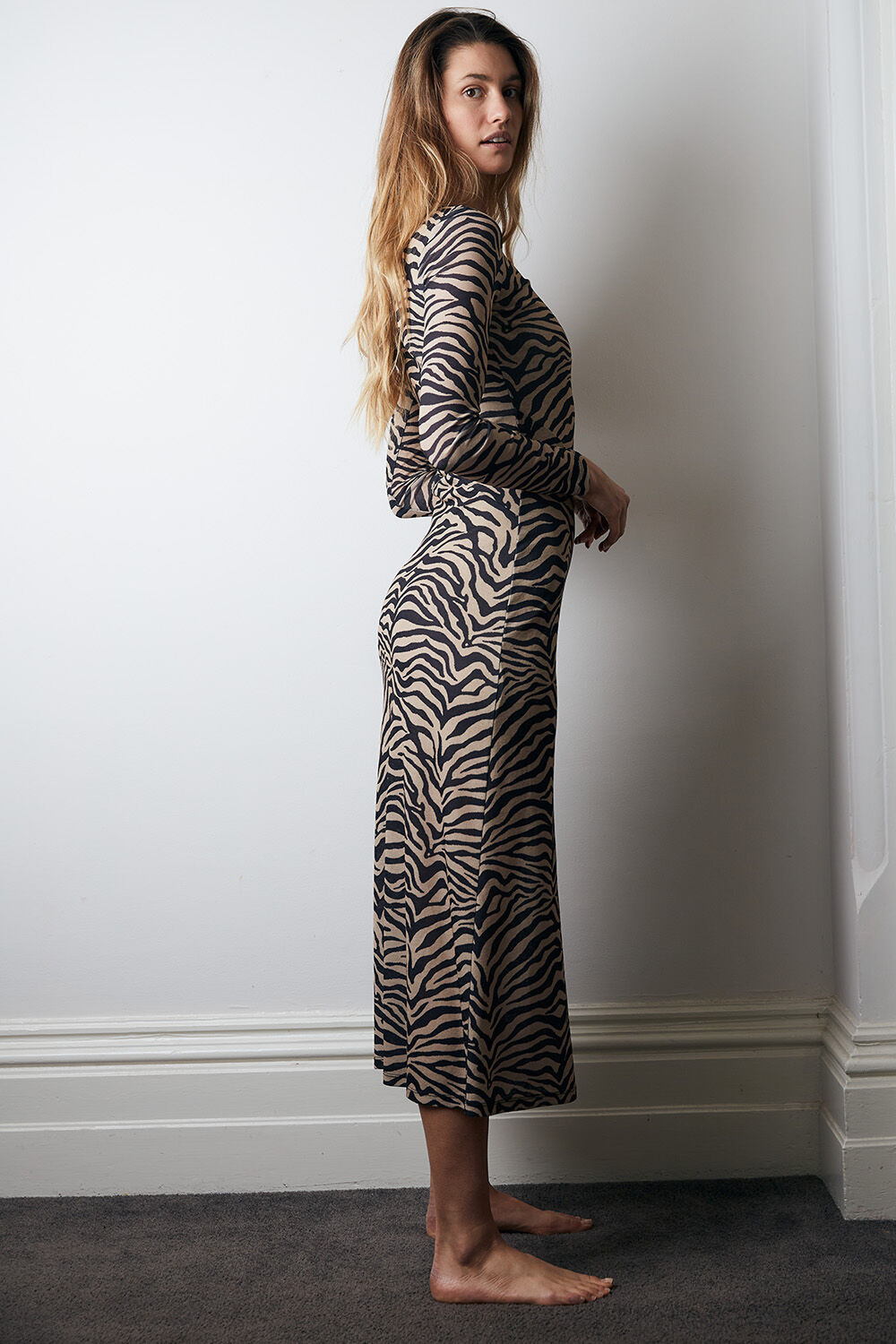 Zebra print mesh midi dress new arrivals