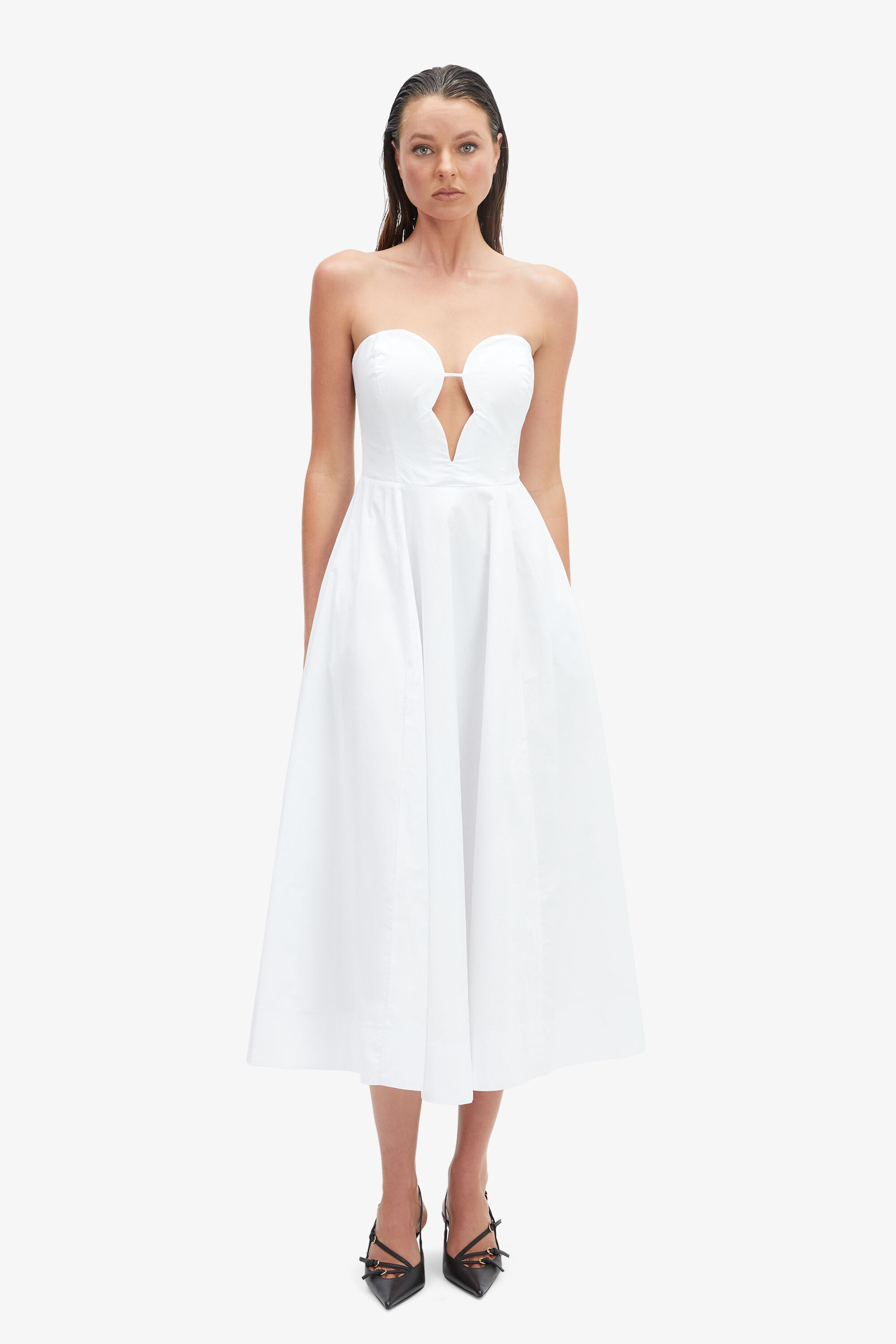 Opal Volume Poplin Midi Dress In Orchid White | Bardot