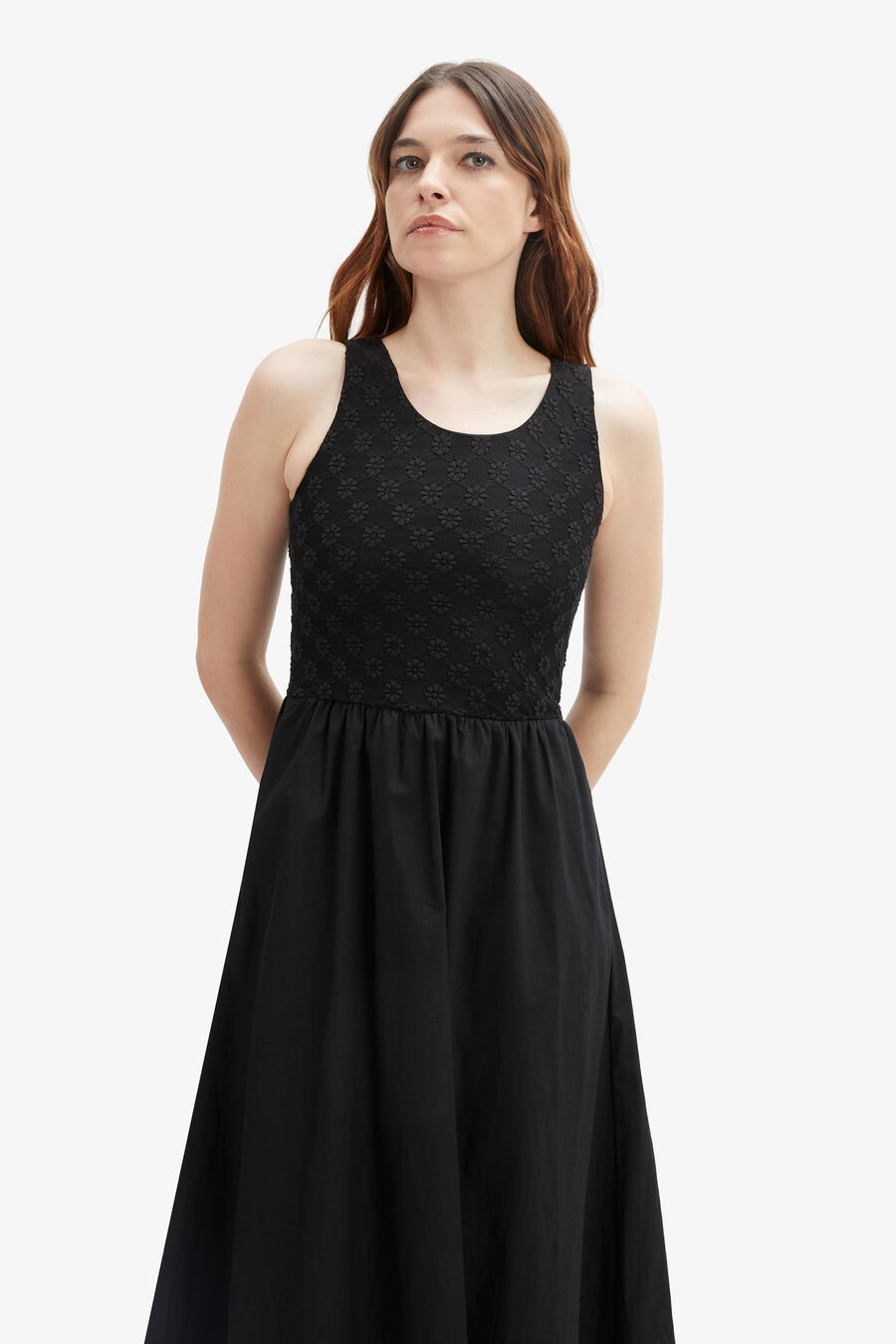 BRYONY LACE POPLIN MIDI DRESS in colour BLACK