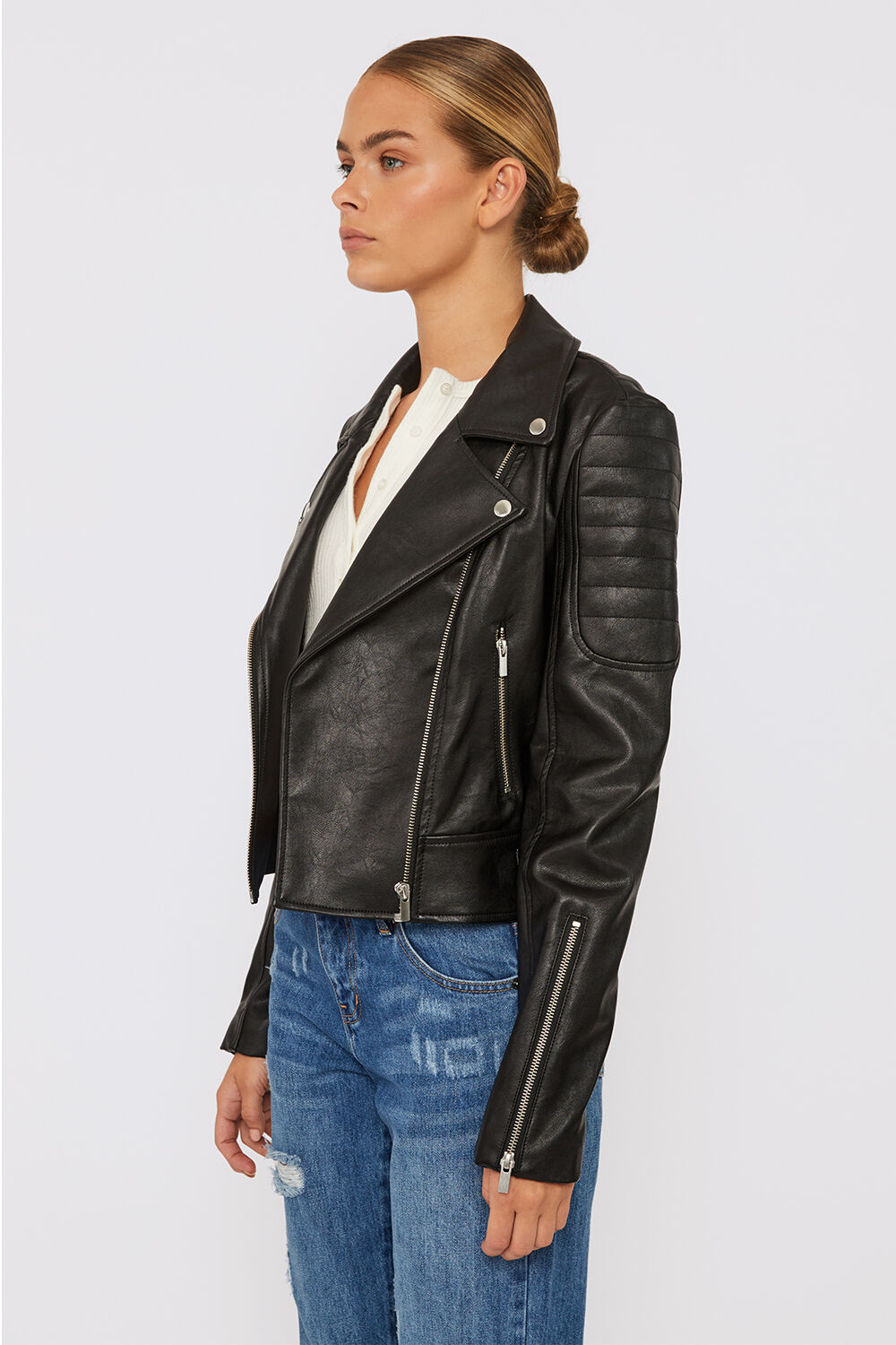 Kora Vegan Leather Biker Jacket in Black | Bardot