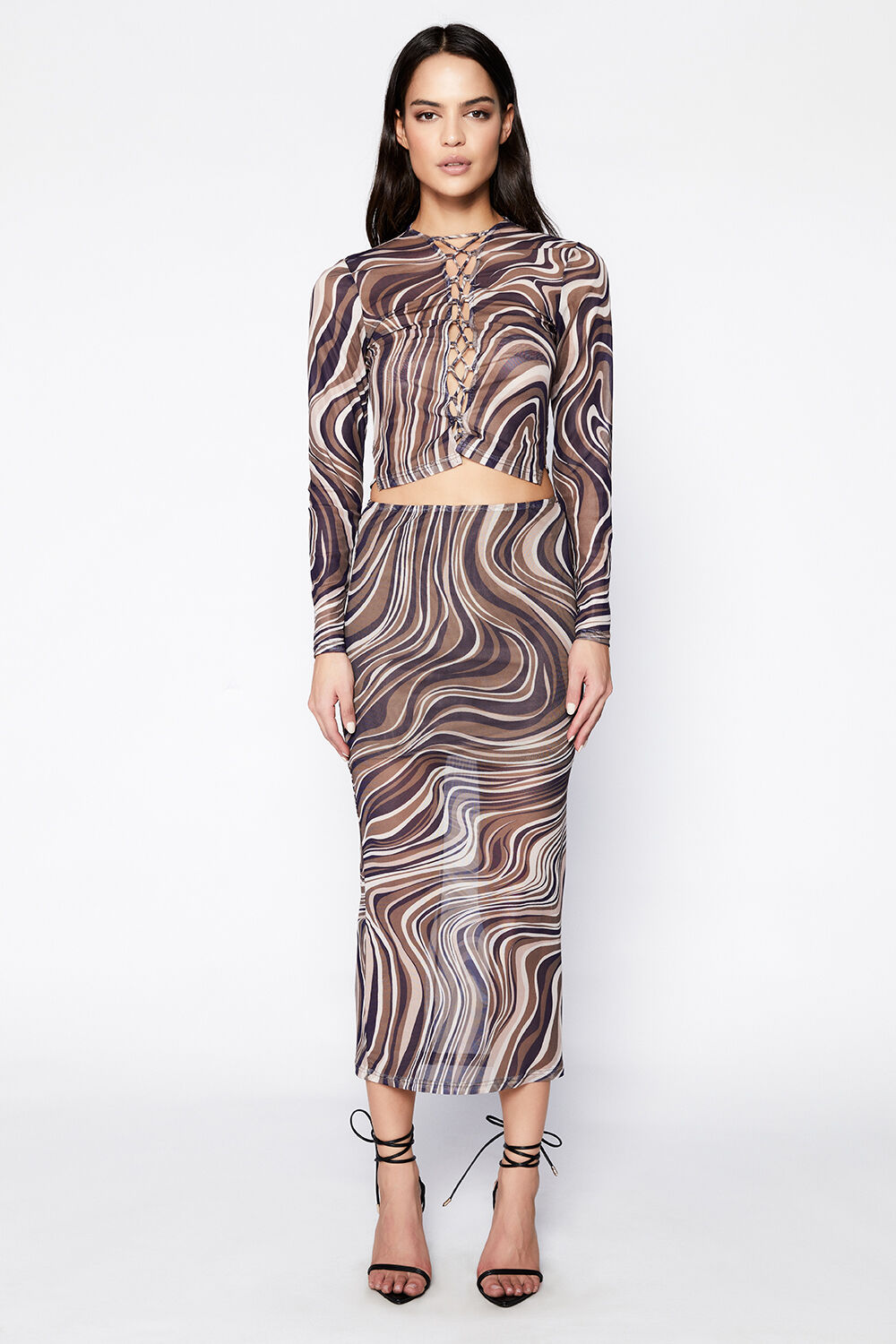 ZENDAYA MESH TOP in colour BROWN SWIRL