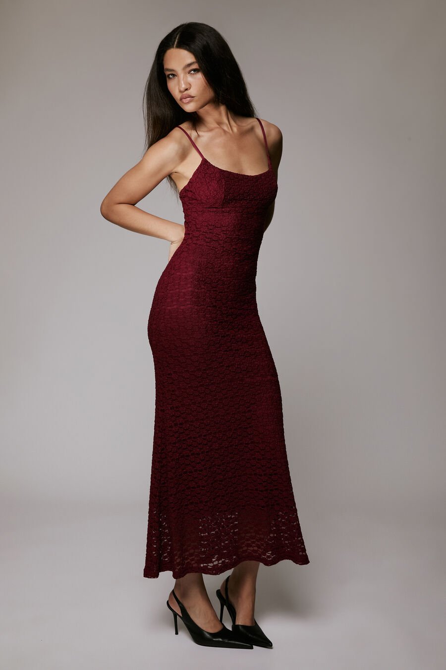LOUISA MESH MIDI DRESS in colour BURGUNDY