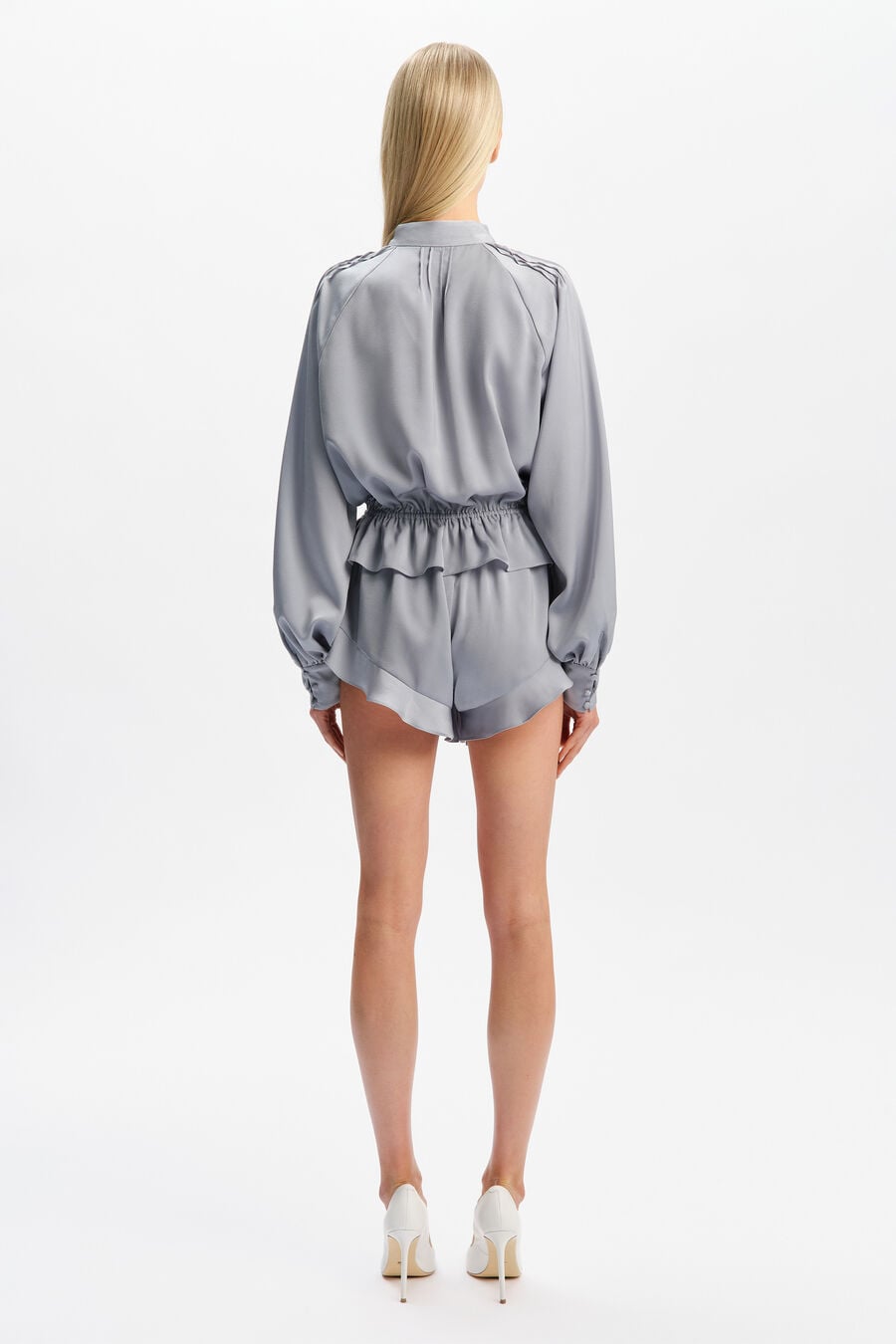 LORELLE FRILL DETAIL PLAYSUIT in colour Steel Blue