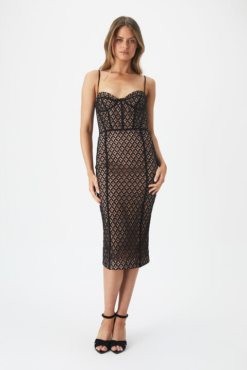 CHARLEY MIDI LACE DRESS in colour CAVIAR