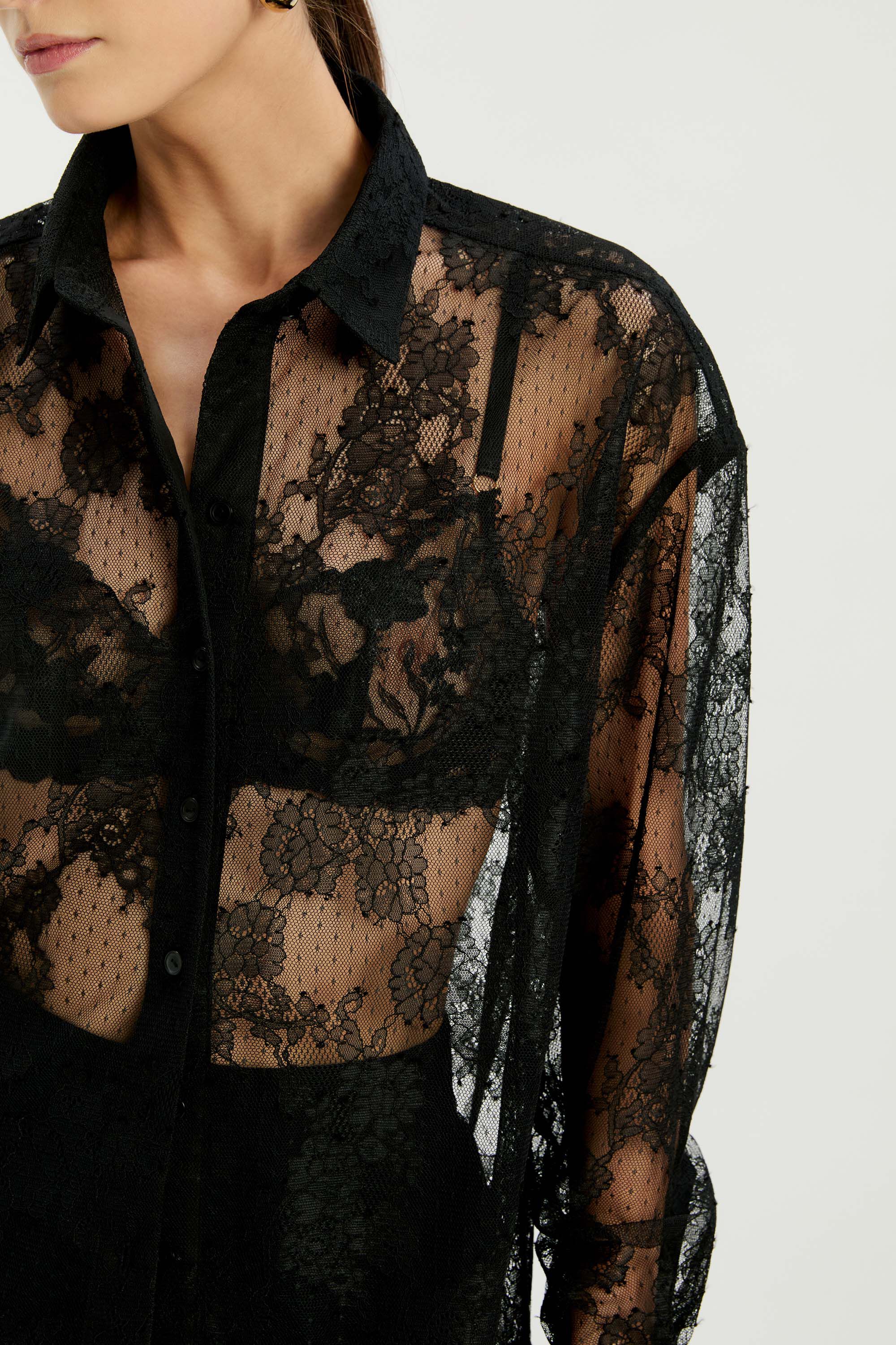 Aleida Oversized Lace Shirt In Black | Bardot