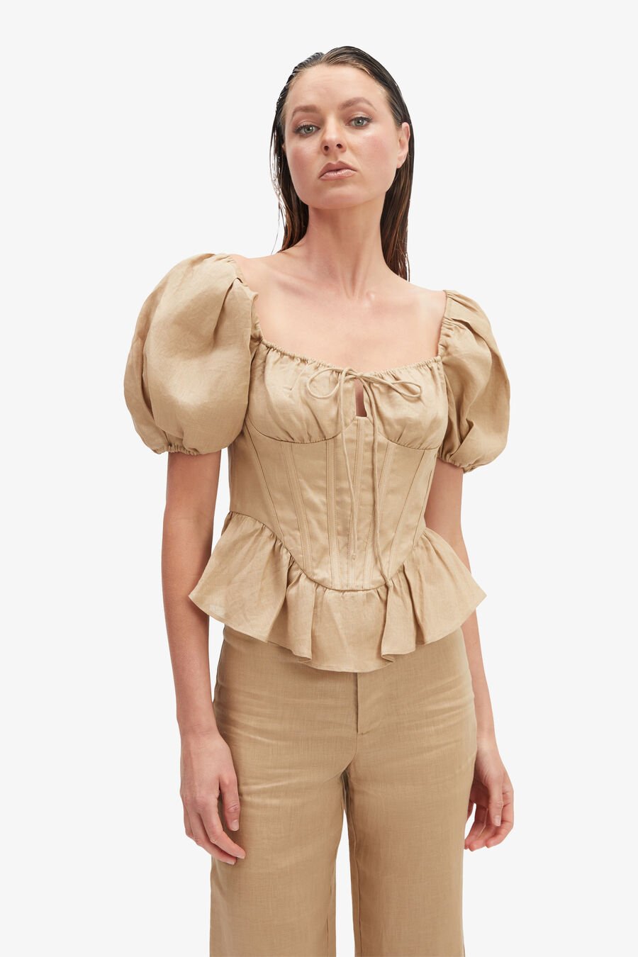 ESRA PUFF SLEEVE CORSET TOP in colour LATTE
