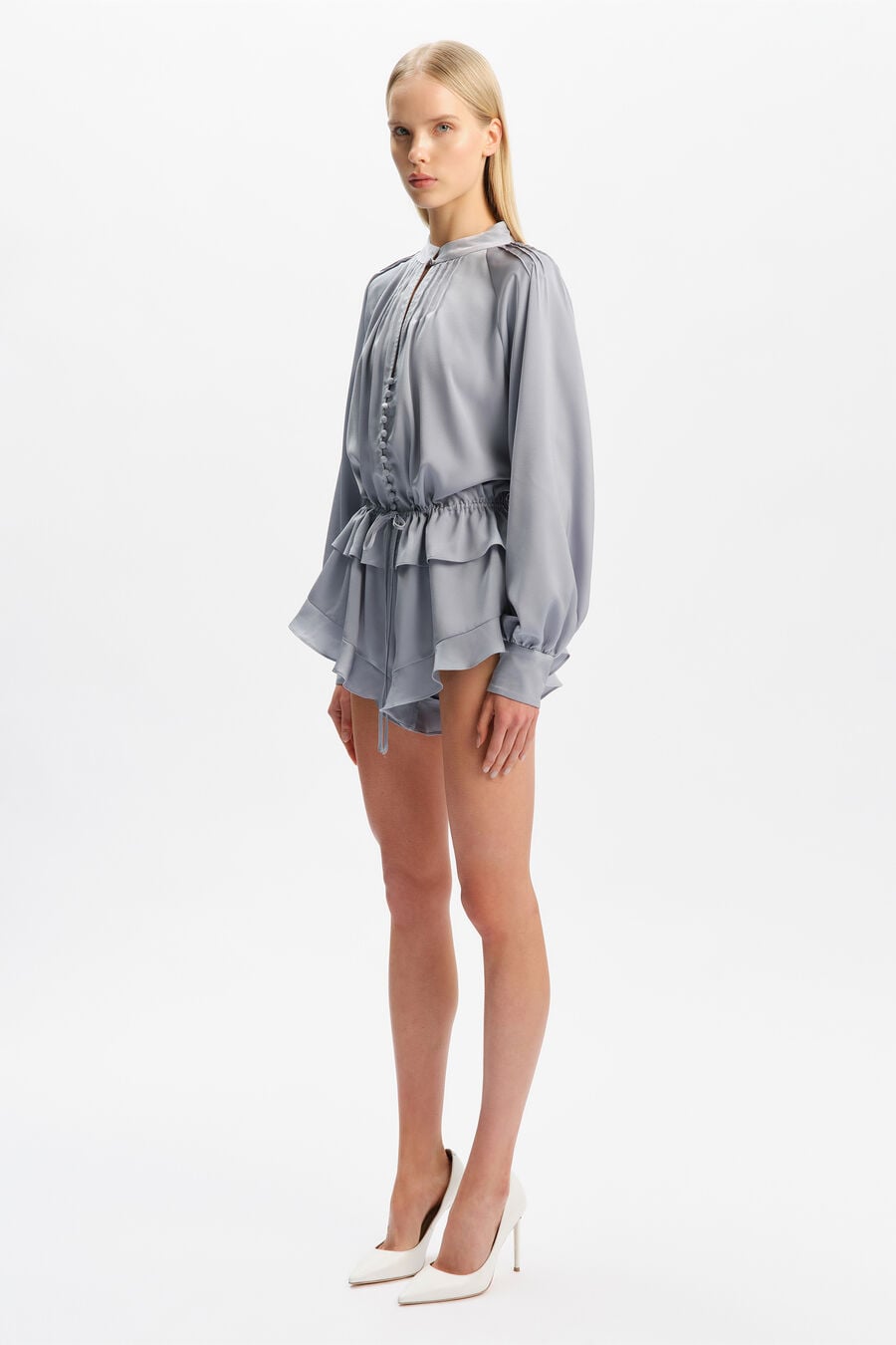 LORELLE FRILL DETAIL PLAYSUIT in colour Steel Blue