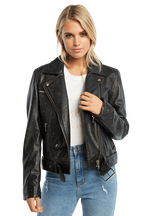 KIRA LEATHER BIKER JACKET in colour CAVIAR