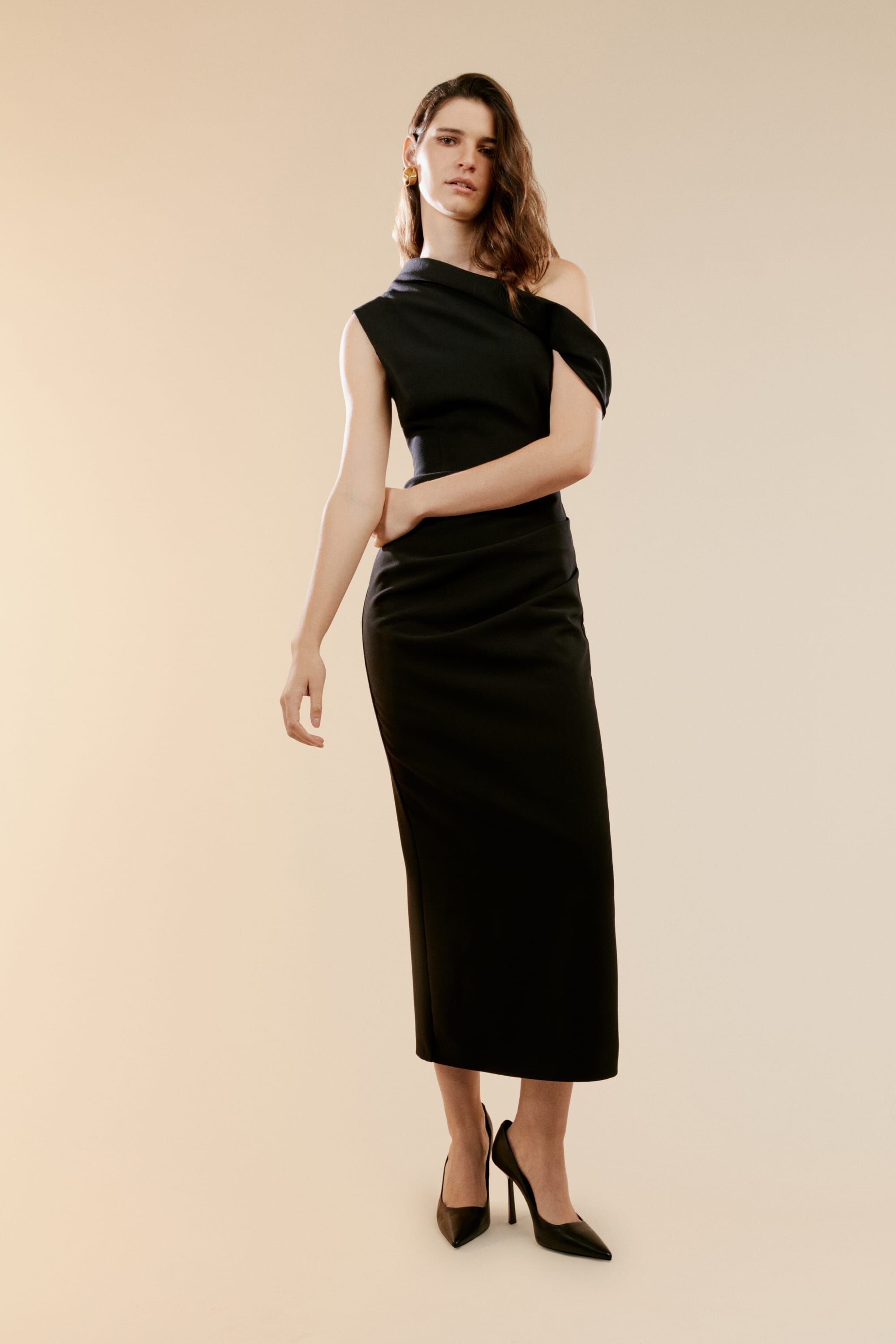 Navy and cream bardot asymmetric cheap midi dress