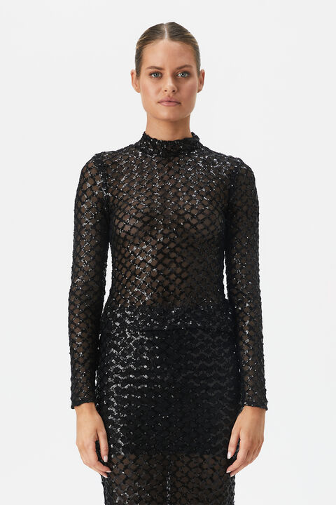 SEQUIN MESH TOP in colour CAVIAR