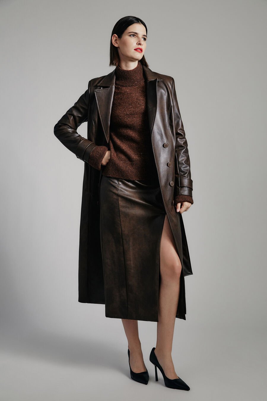 DANTE VEGAN LEATHER MIDI SKIRT in colour DARK CHOCOLATE
