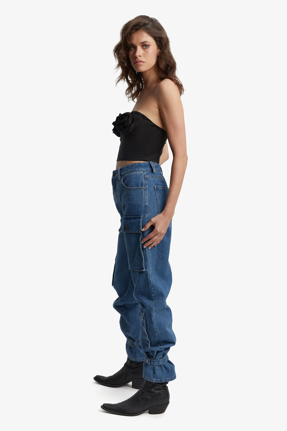 HIGH RISE DENIM CARGO PANT in colour CITADEL