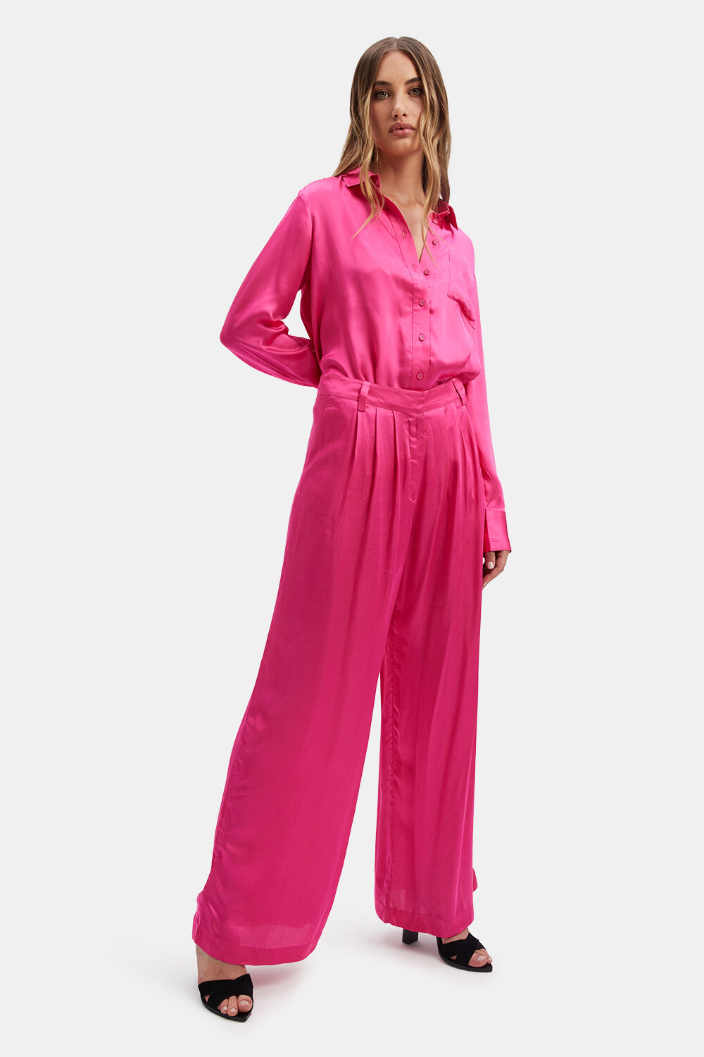 LENA SATIN SHIRT in colour HOT PINK