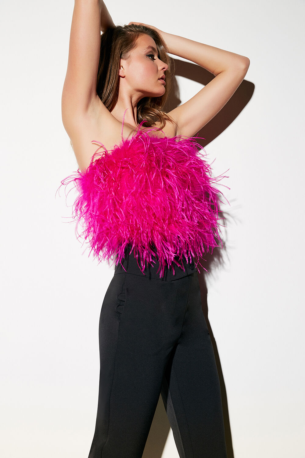 Feather Bustier Top In Pink Shock Bardot