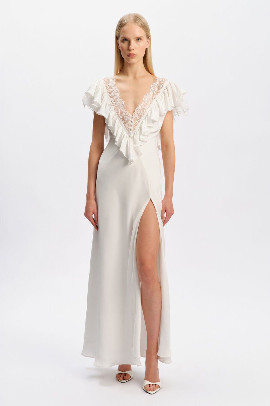 CELESTE RUFFLE MAXI DRESS in colour Orchid White