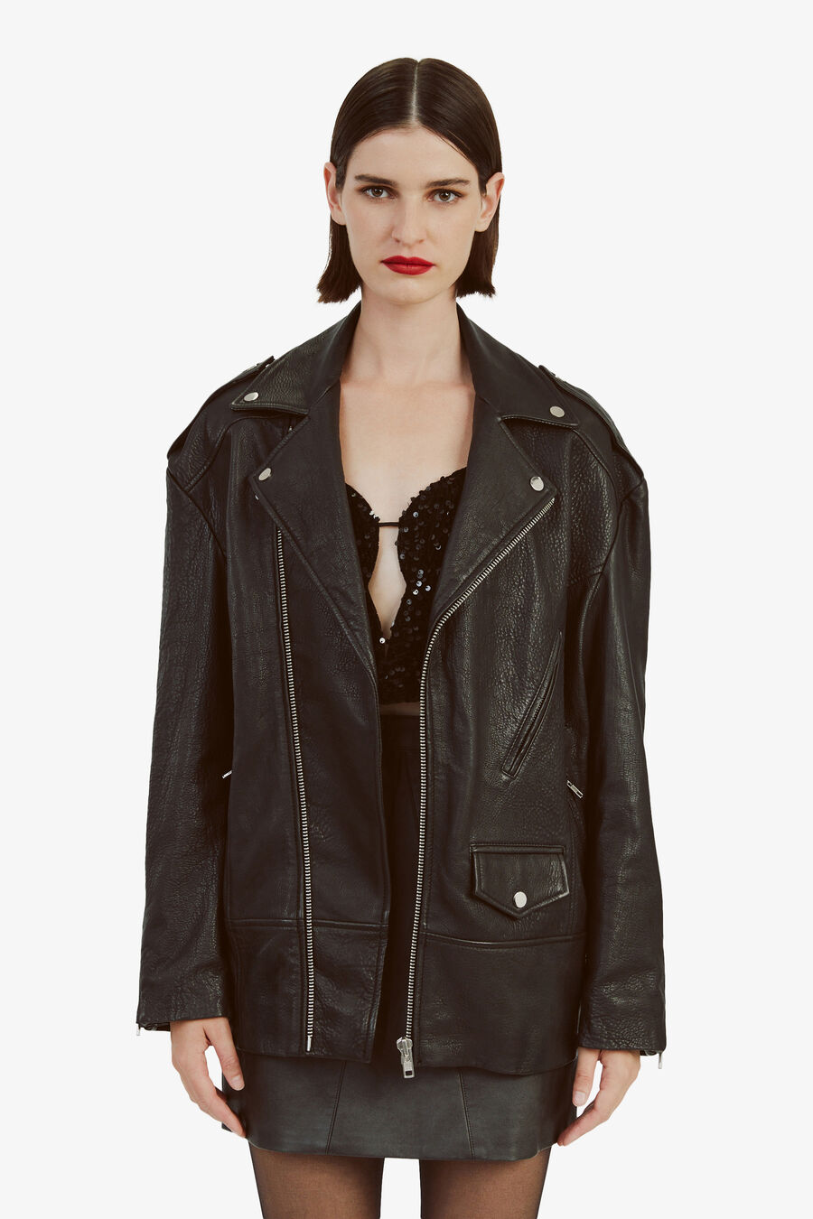 OVERSIZED LEATHER BIKER JACKET in colour BLACK