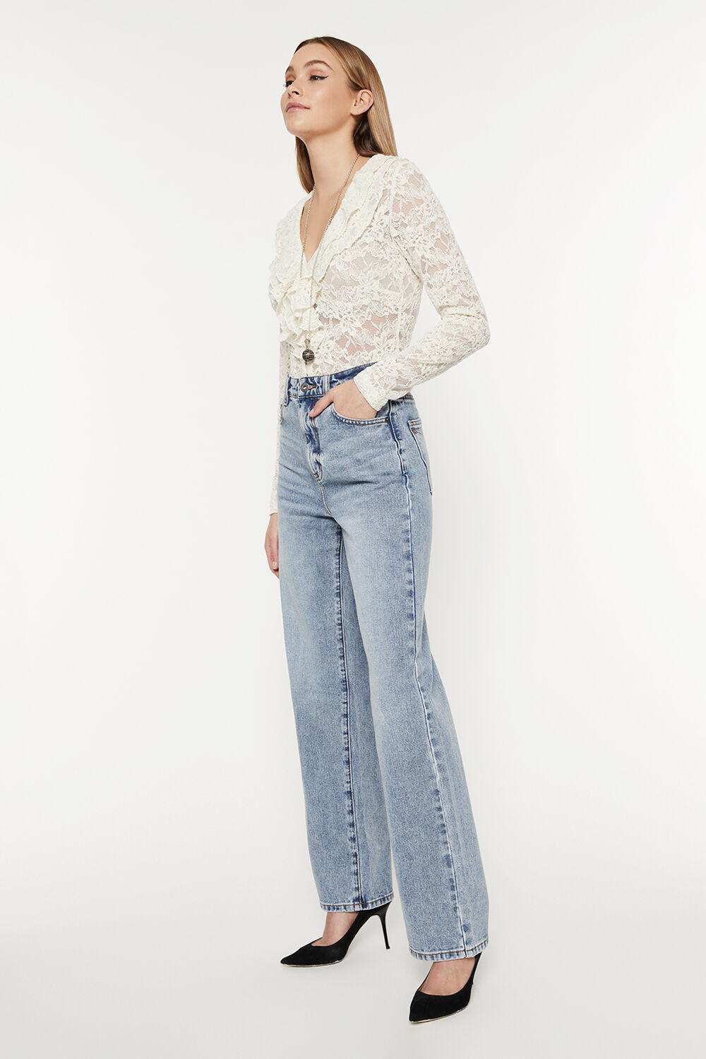 Frill Lapel Lace Shirt in Ivory | Bardot