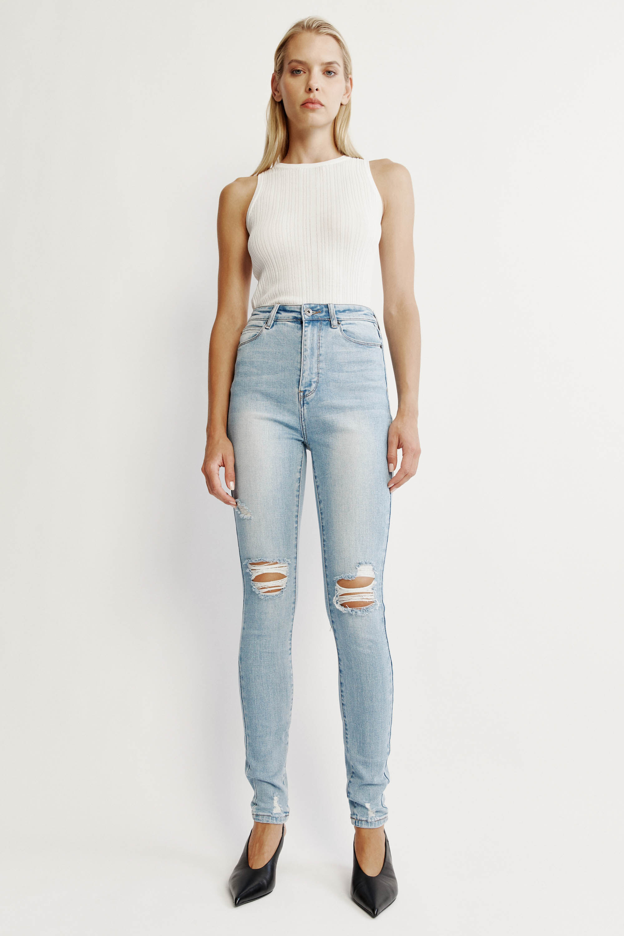 Khloe Super High Tall Jeans In Mid Blue Bardot