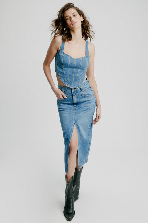 Jonah Midi Denim Skirt in colour MIDNIGHT NAVY