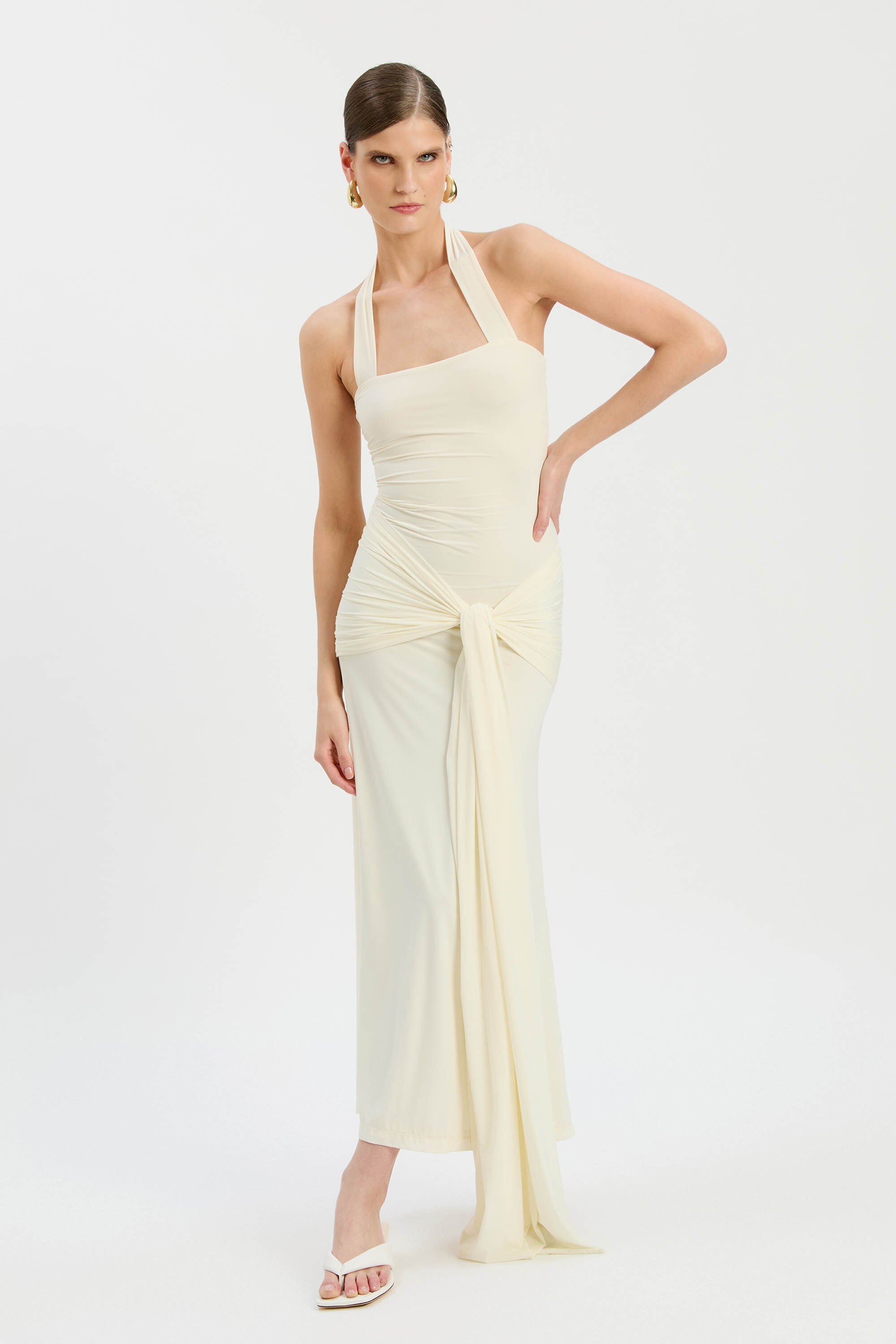 Emilia Tie Front Halter Dress In Ivory | Bardot