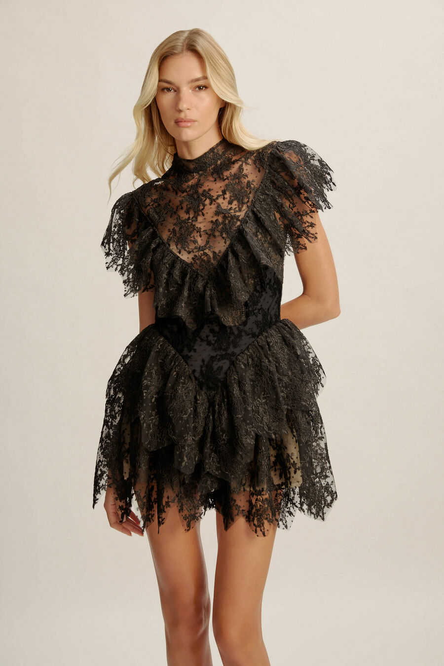 TARRYN RUFFLE LACE MINI DRESS in colour BLACK