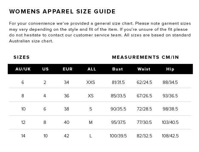 Cloth Size Chart Australia