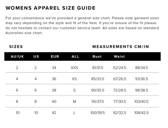 Bardot Womens Apparel Size Guide Measurements