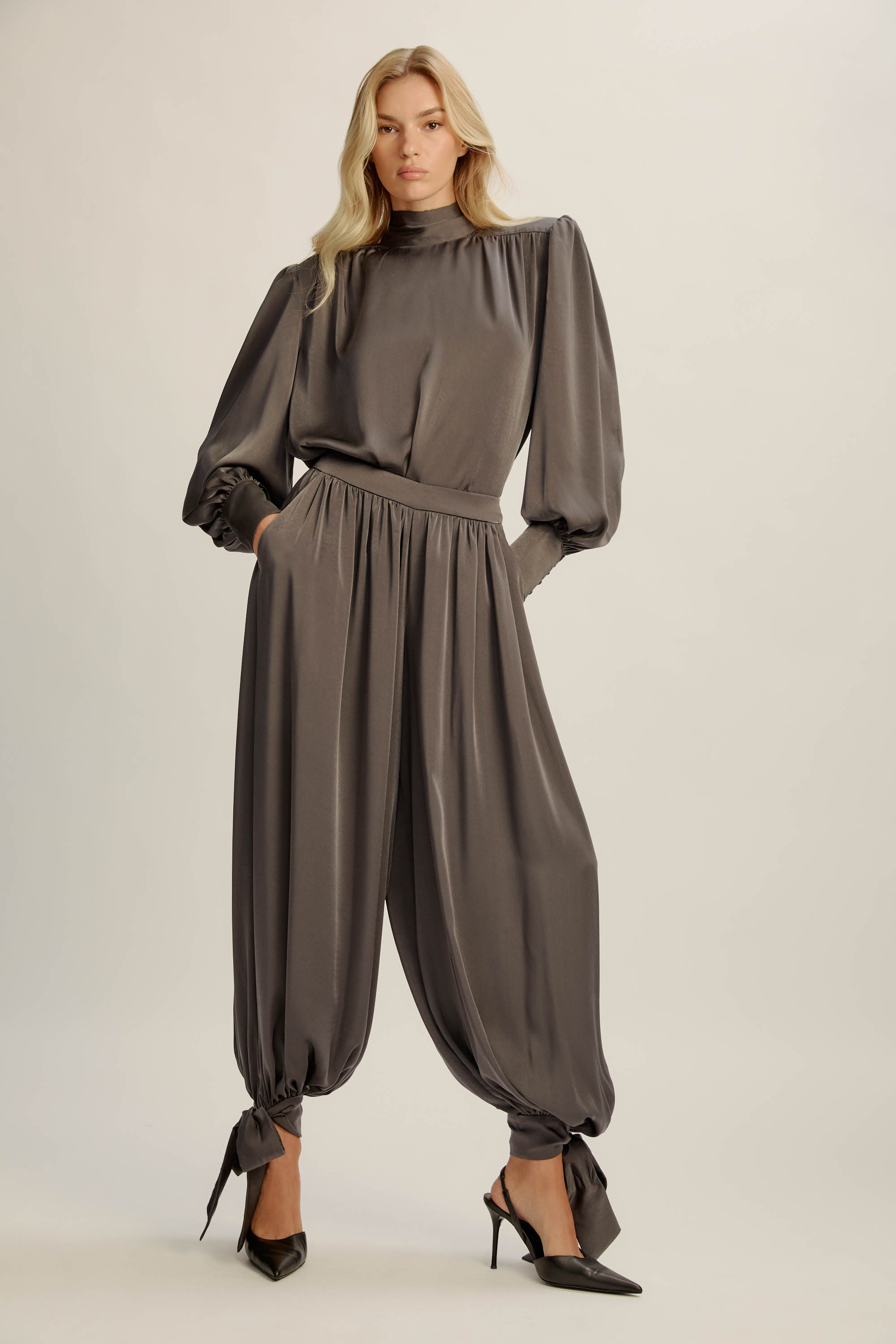 Bardot Revana Satin Tie Neck Blouse In Gray