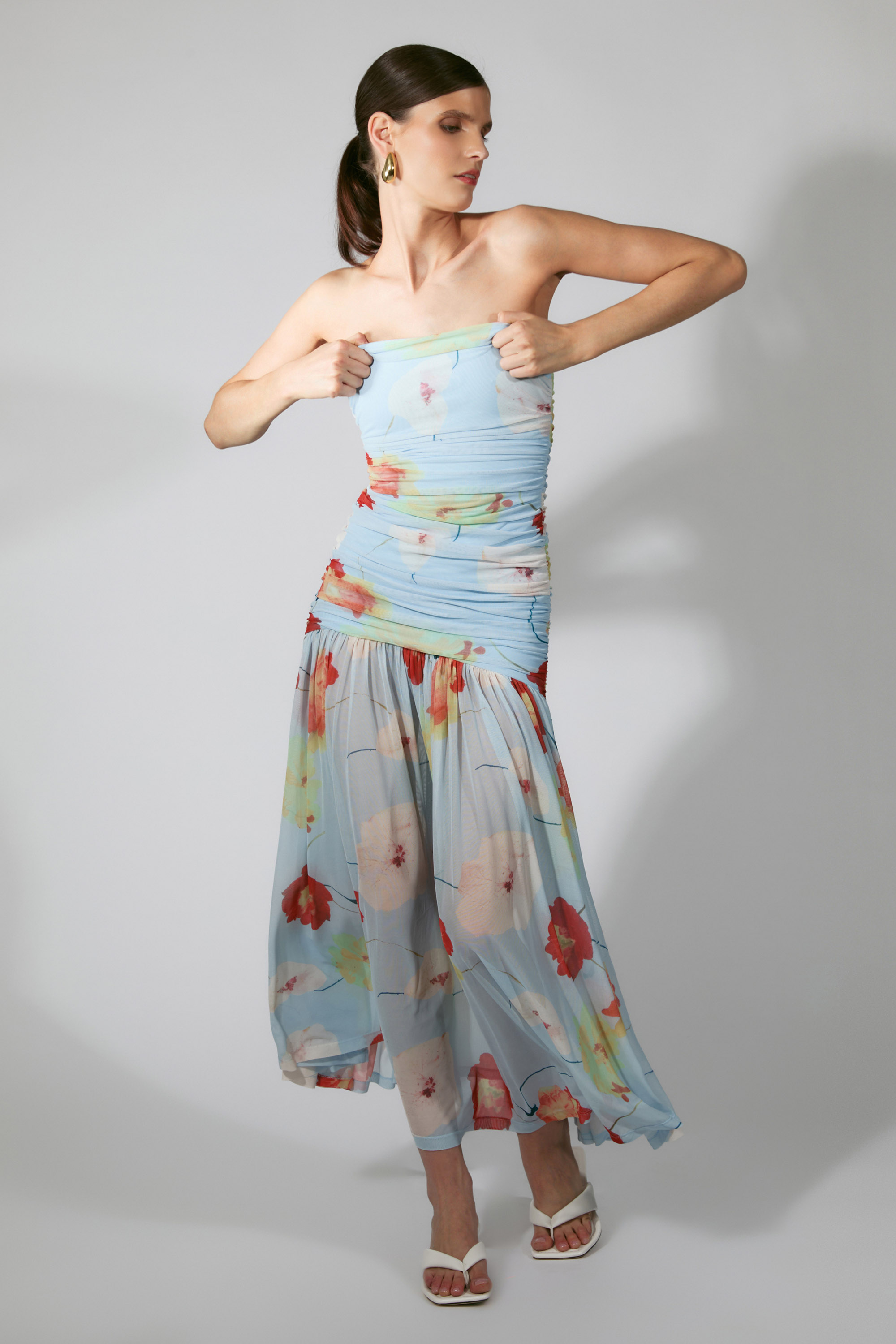 Bardot Solana Printed Mesh Maxi Dress In Blue