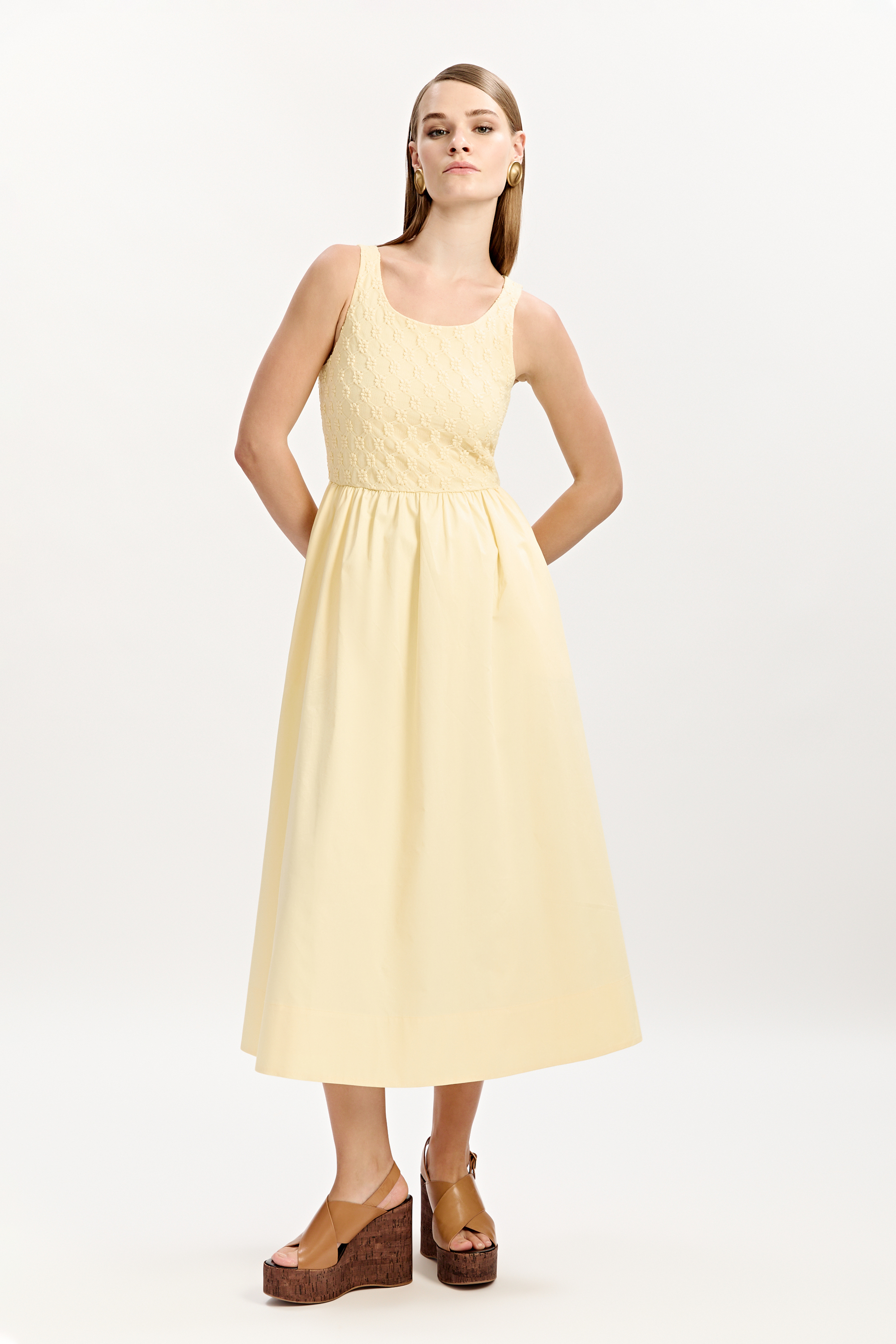 Bardot Bryony Lace Poplin Midi Dress In Canary Ylw