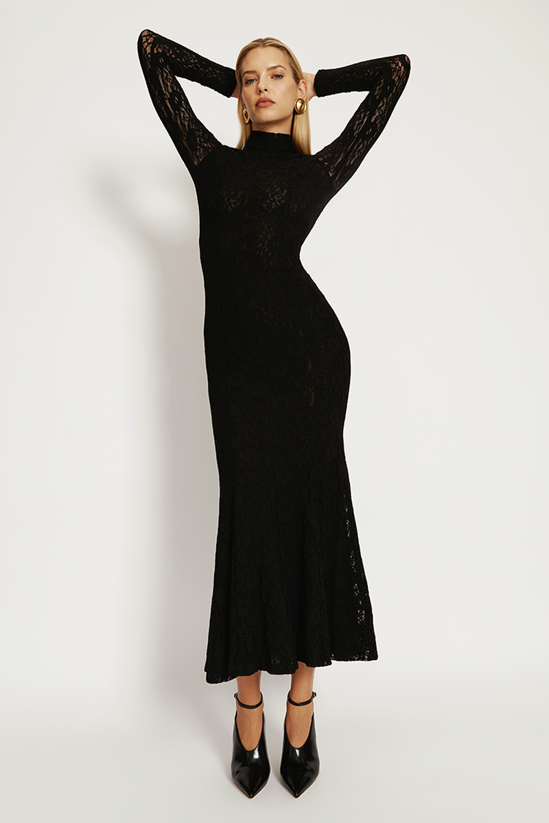 Bardot Harlyn Long Sleeve Lace Maxi Dress In Black